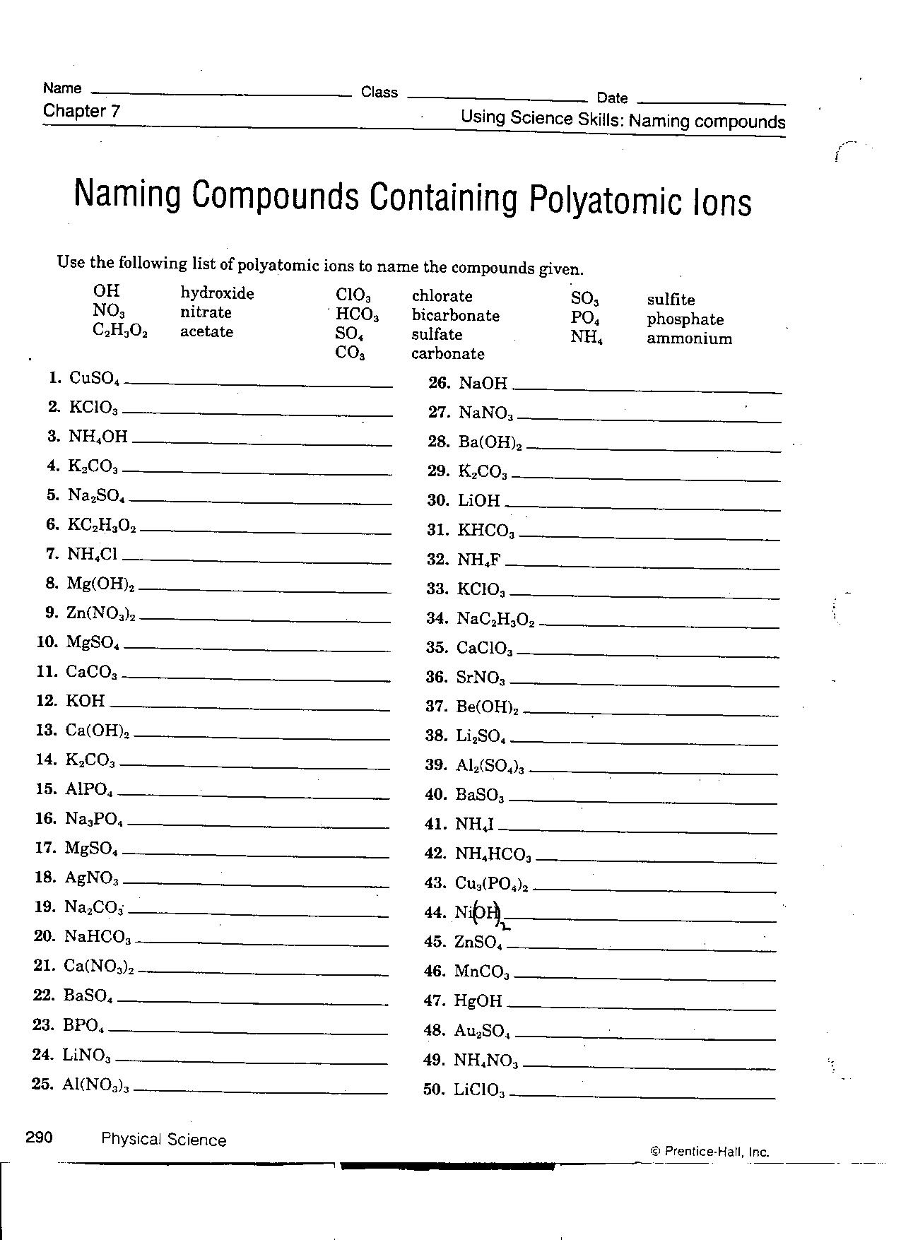 Polyatomic Ions - Harrisburg Chemistry Presents: Regarding Naming Binary Ionic Compounds Worksheet